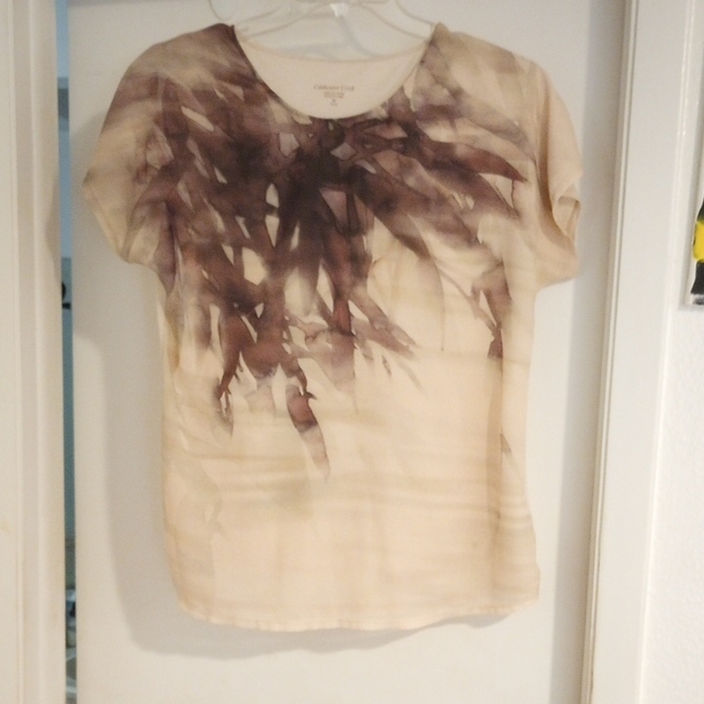Coldwater Creek Beige and Brown Leaf Print Short Sleeve Top